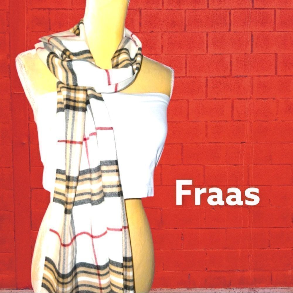 V. Fraas white plaid fringe scarf Nwot